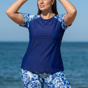 Curvy Blue Tie Dye Print High Neck Upf50+ Short Sleeves Swimsuit Shirt Two Piece Tankini Set
