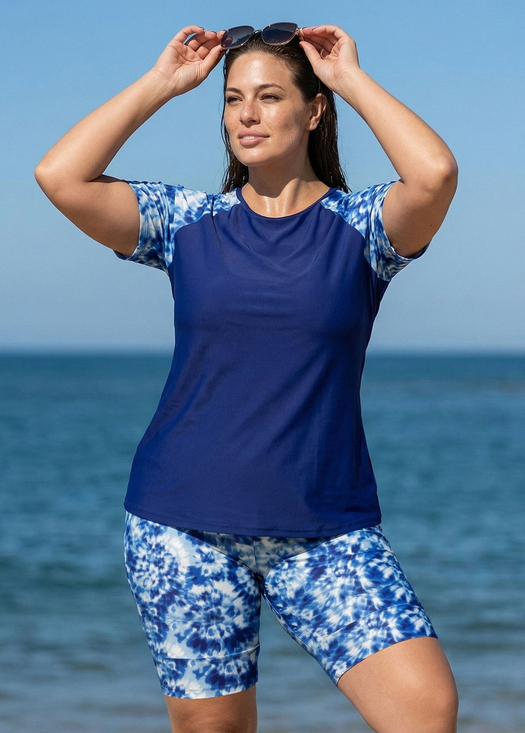 Curvy Blue Tie Dye Print High Neck Upf50+ Short Sleeves Swimsuit Shirt Two Piece Tankini Set
