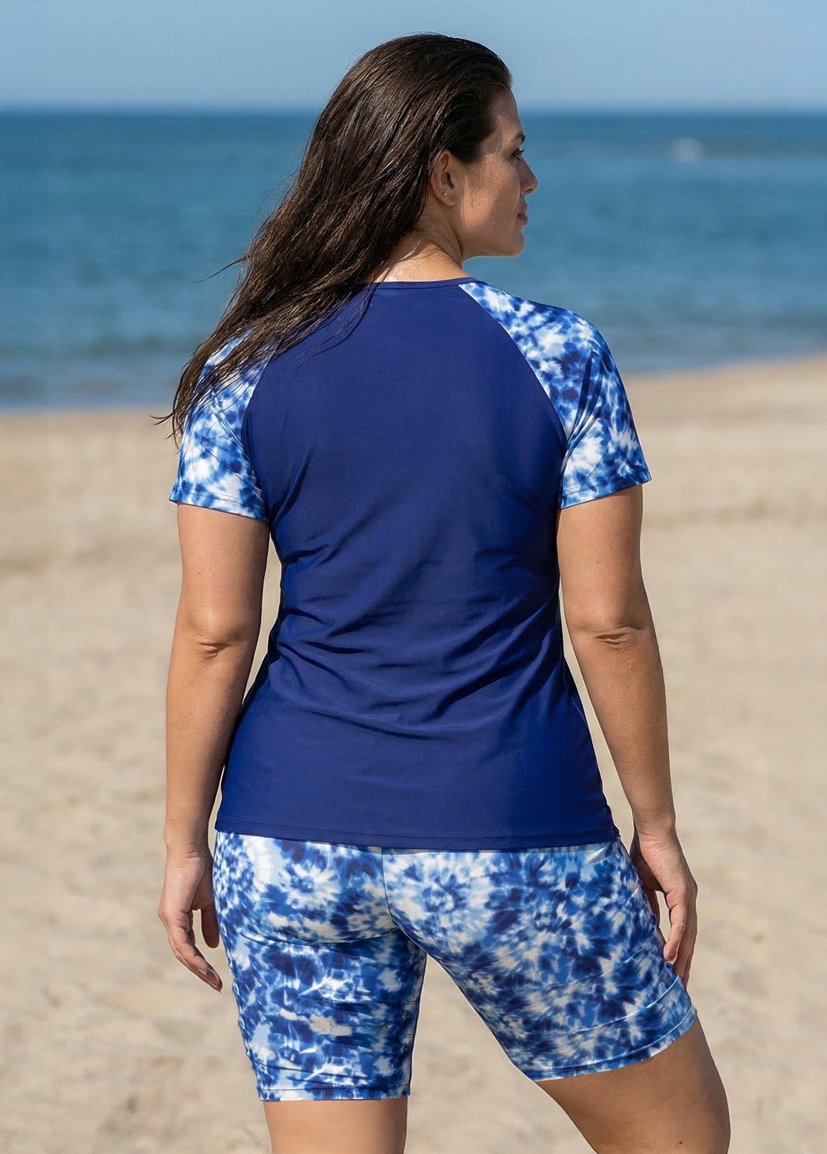 Curvy Blue Tie Dye Print High Neck Upf50+ Short Sleeves Swimsuit Shirt Two Piece Tankini Set