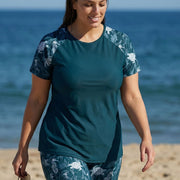 Green Marine Life Print High Neck Upf50+ Short Sleeves Curvy Swimsuit Shirt Two Piece Tankini Set