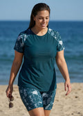 Green Marine Life Print High Neck Upf50+ Short Sleeves Curvy Swimsuit Shirt Two Piece Tankini Set
