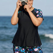 Plus Size Black Floral Print High Neck Upf50+ Short Sleeves Modest Swimsuit Two Piece Tankini Set