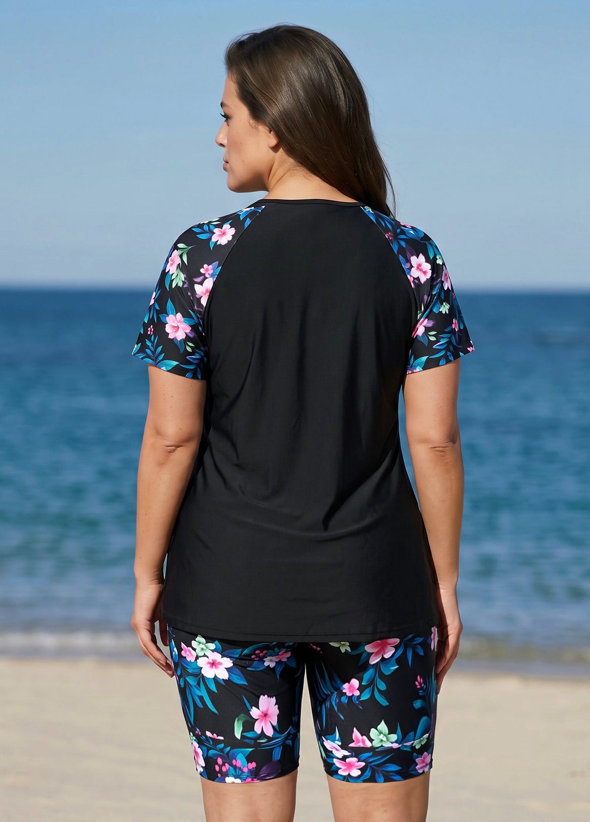 Plus Size Black Floral Print High Neck Upf50+ Short Sleeves Modest Swimsuit Two Piece Tankini Set