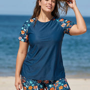 Navy Floral High Neck UPF50+ Short Sleeves Curvy Women's Swimsuit Two Piece Tankini Set