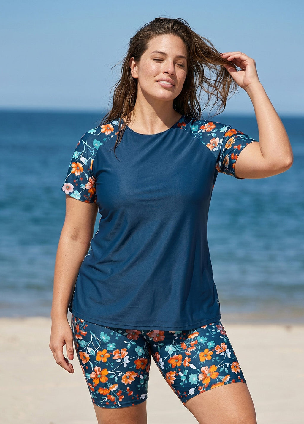 Navy Floral High Neck UPF50+ Short Sleeves Curvy Women's Swimsuit Two Piece Tankini Set