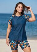 Navy Floral High Neck UPF50+ Short Sleeves Curvy Women's Swimsuit Two Piece Tankini Set