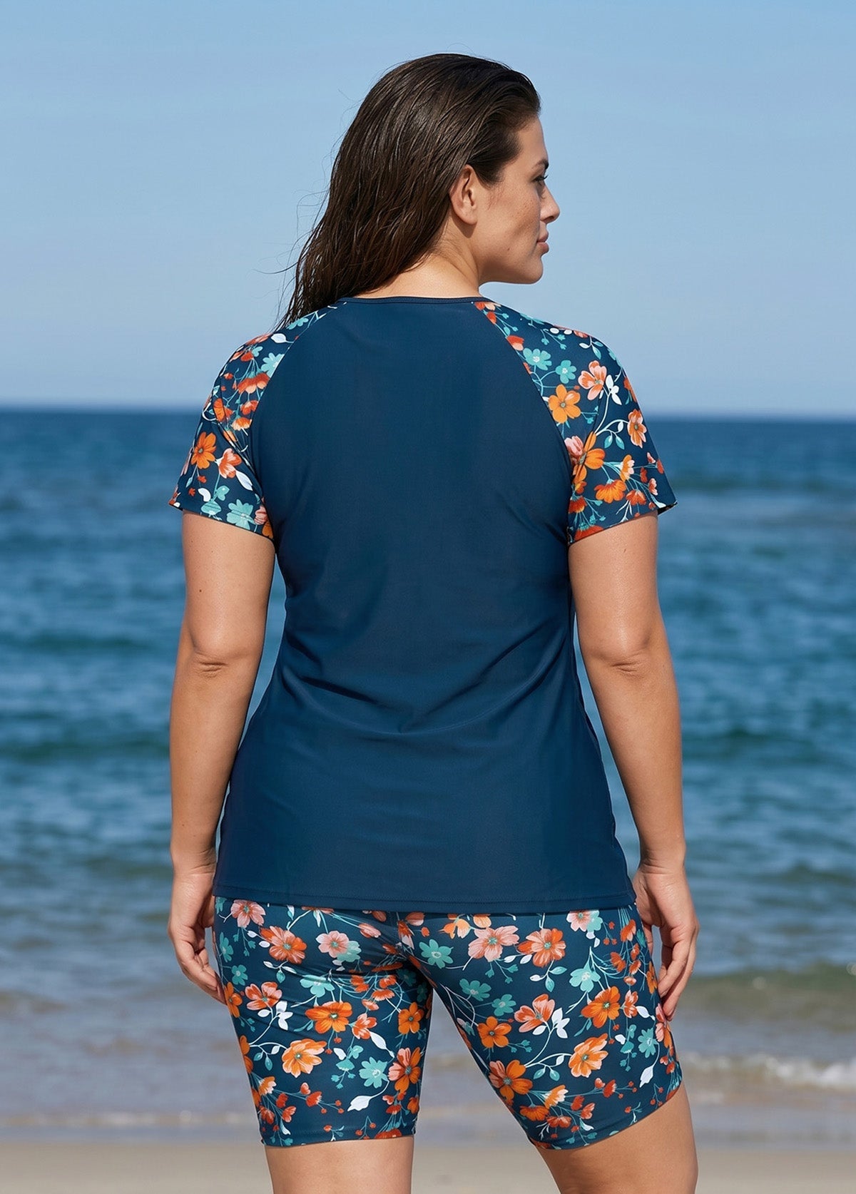 Navy Floral High Neck UPF50+ Short Sleeves Curvy Women's Swimsuit Two Piece Tankini Set