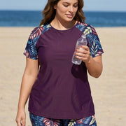 Purple Leaf High Neck UPF50+ Short Sleeves Plus Size Women's Swimsuit Two Piece Tankini Set