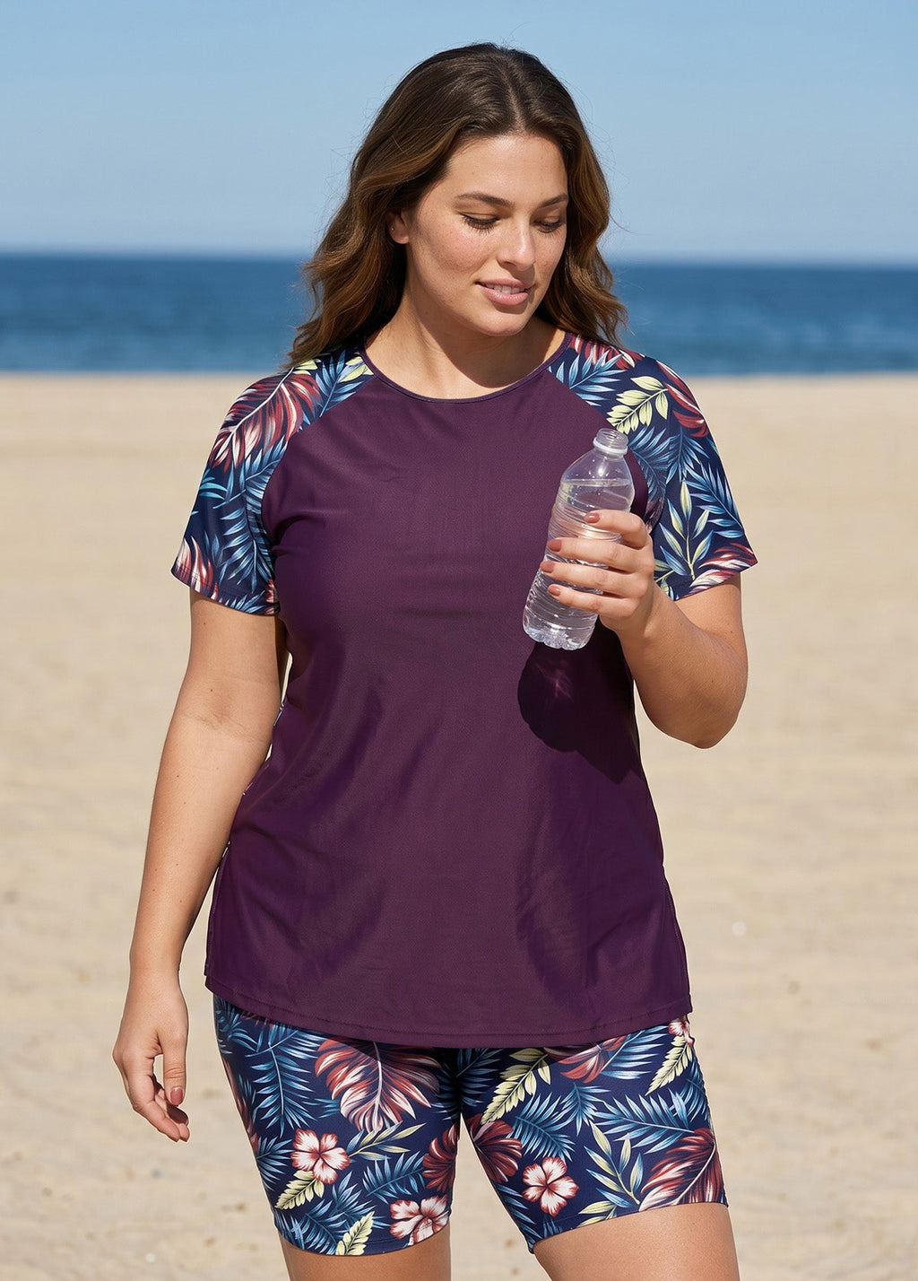 Purple Leaf High Neck UPF50+ Short Sleeves Plus Size Women's Swimsuit Two Piece Tankini Set