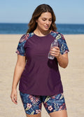 Purple Leaf High Neck UPF50+ Short Sleeves Plus Size Women's Swimsuit Two Piece Tankini Set