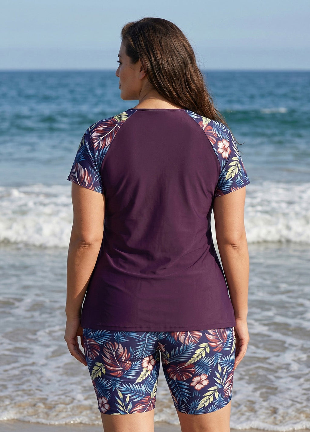Purple Leaf High Neck UPF50+ Short Sleeves Plus Size Women's Swimsuit Two Piece Tankini Set