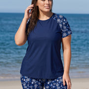 Blue Floral Scoop Neck UPF50+ Short Sleeves Modest Plus Size Swimsuit Two Piece Tankini Set