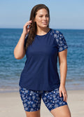 Blue Floral Scoop Neck UPF50+ Short Sleeves Modest Plus Size Swimsuit Two Piece Tankini Set