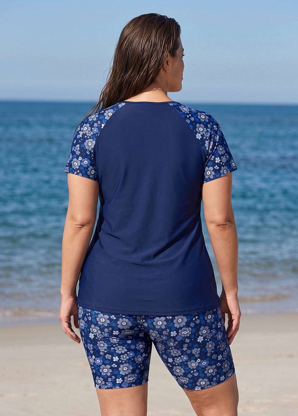 Blue Floral Scoop Neck UPF50+ Short Sleeves Modest Plus Size Swimsuit Two Piece Tankini Set