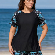 Black Leaf Scoop Neck UPF50+ Short Sleeves Vintage Curvy Swimsuit Two Piece Tankini Set