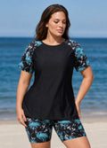Black Leaf Scoop Neck UPF50+ Short Sleeves Vintage Curvy Swimsuit Two Piece Tankini Set