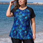 Plus Size Blue Floral High Neck UPF50+ Short Sleeves Women's Swimsuit Two Piece Tankini Set