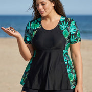 Curvy Black Leaf UPF50+ Short Sleeves Flattering Women's Swimsuit Tankini Top