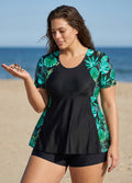 Curvy Black Leaf UPF50+ Short Sleeves Flattering Women's Swimsuit Tankini Top