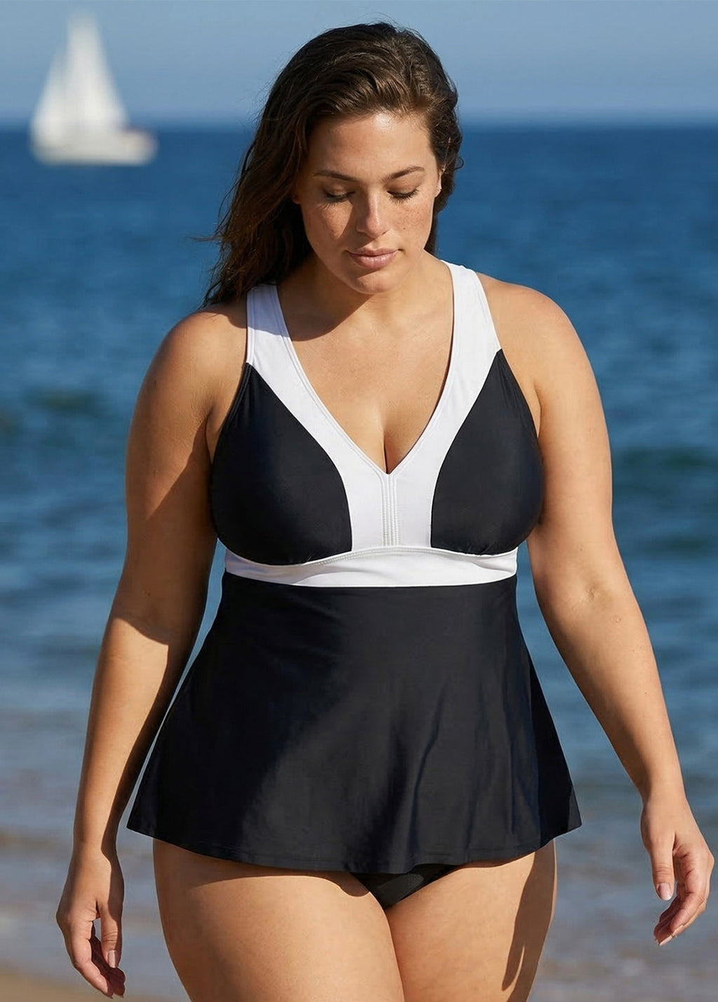 Black And White V Neck Ruffle Fashion Tankin Top
