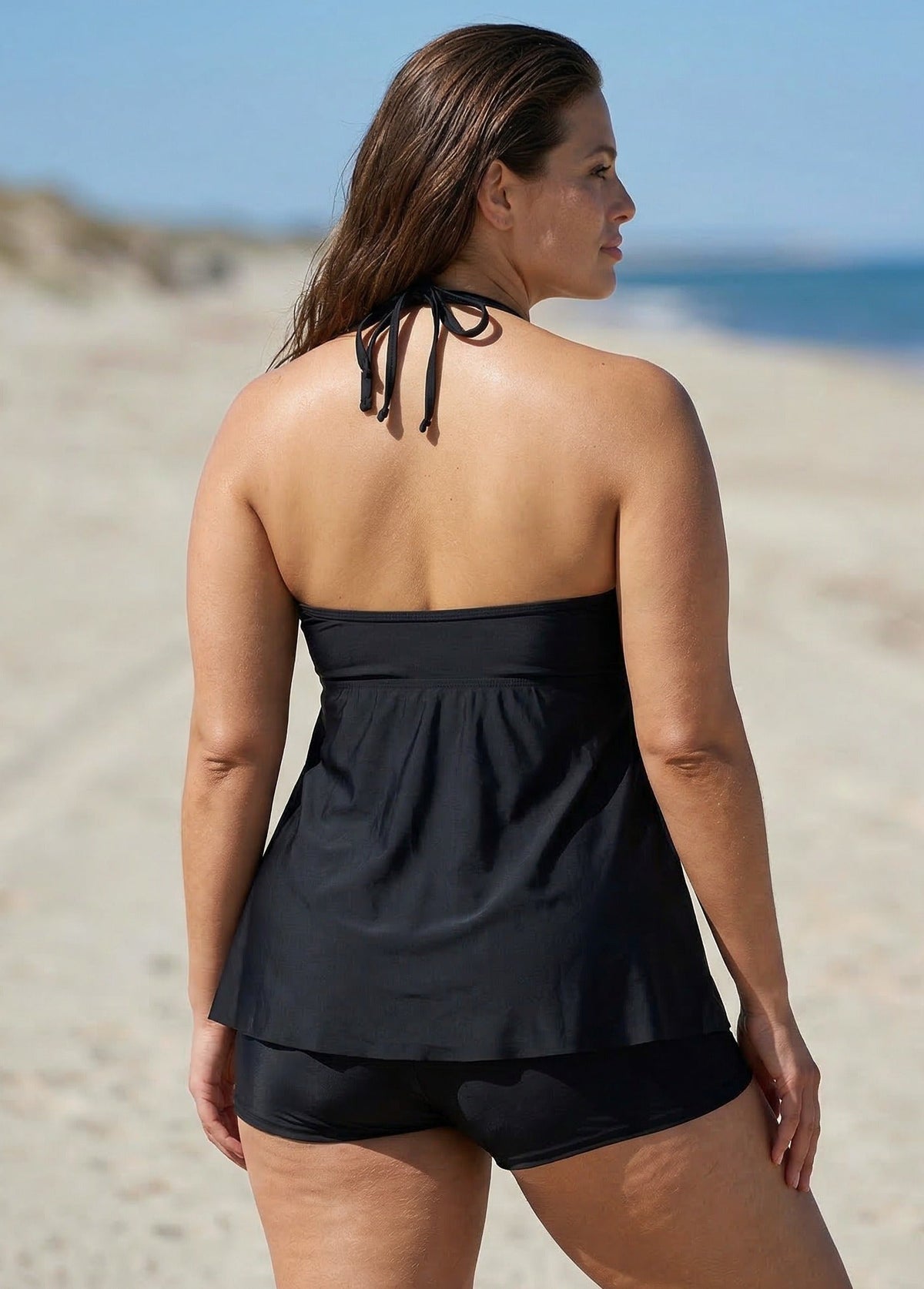 Black V-Neck Halter Plus Size Modest Tankini Swimsuit Top
