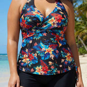 Tropical Floral Cross Front With Side Drawstring Tankini Set