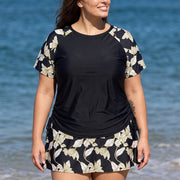 Curvy Black Leaf Upf50+ Short Sleeves Padded Side Drawstring Women's Swimsuit Tankini Top
