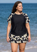 Curvy Black Leaf Upf50+ Short Sleeves Padded Side Drawstring Women's Swimsuit Tankini Top