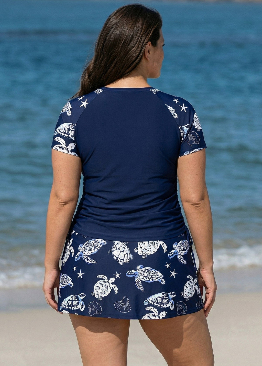 Curvy Navy Turtle Print Upf50+ Short Sleeves Vintage Side Drawstring Swimsuit Tankini Top