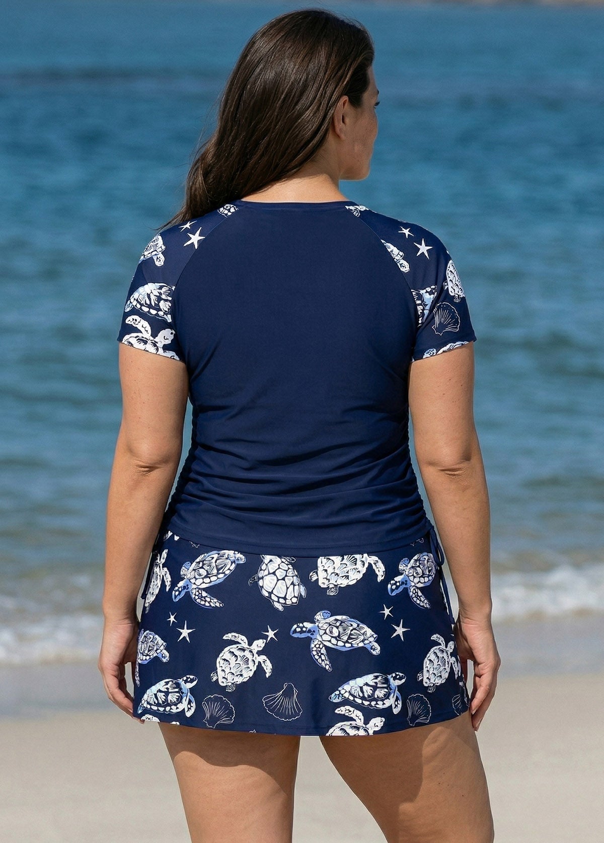 Curvy Navy Turtle Print Upf50+ Short Sleeves Vintage Side Drawstring Swimsuit Tankini Top