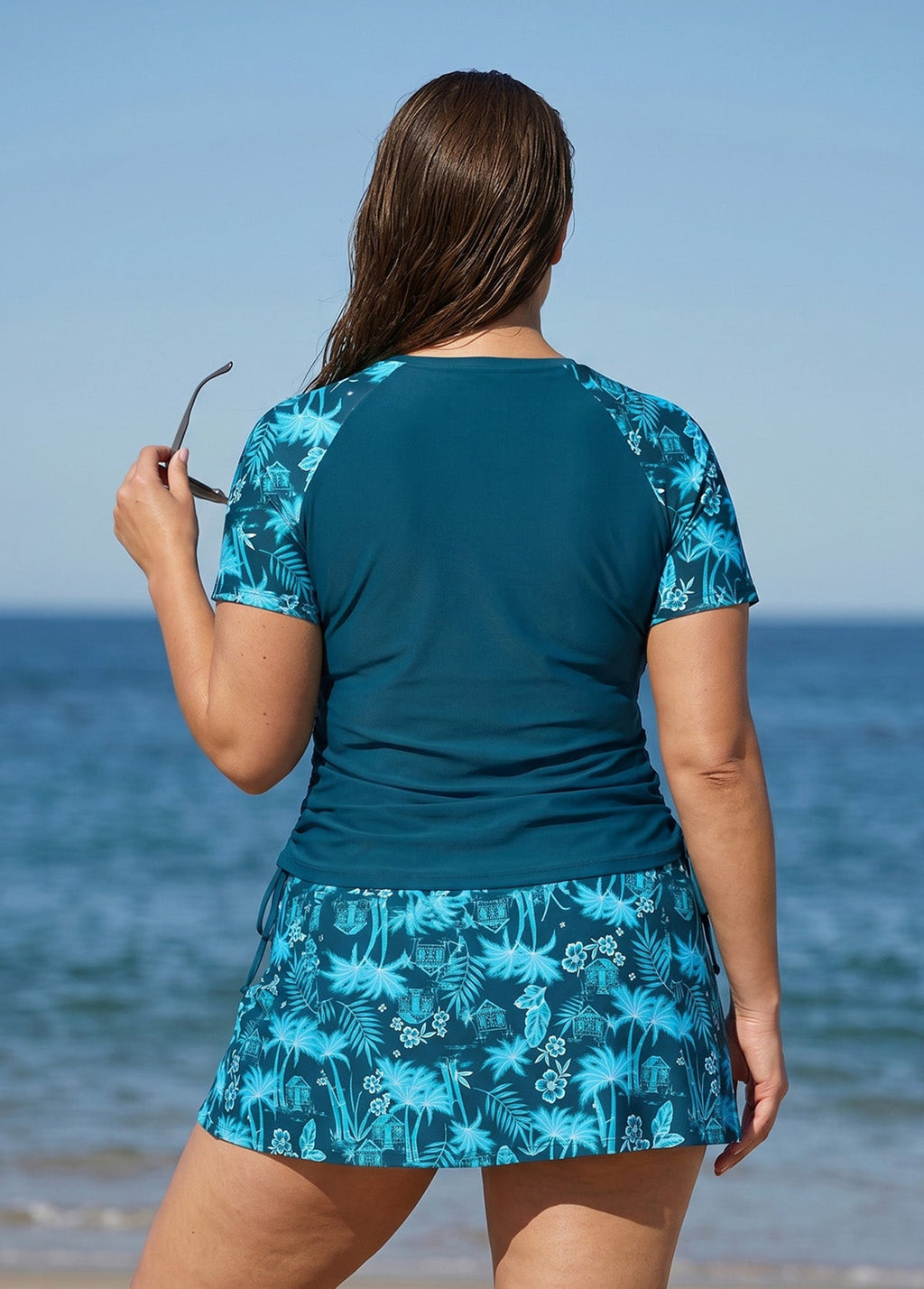 Blue Floral UPF50+ Short Sleeves Vintage Side Drawstring Curvy Swimsuit Tankini Top