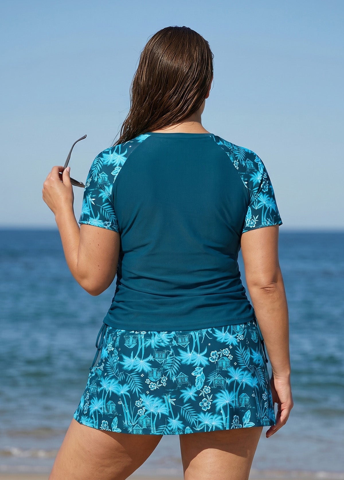 Blue Floral UPF50+ Short Sleeves Vintage Side Drawstring Curvy Swimsuit Tankini Top