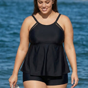 Black Scoop Neck Cutout Edge Plus Size Modest Tankini Swimsuit Top