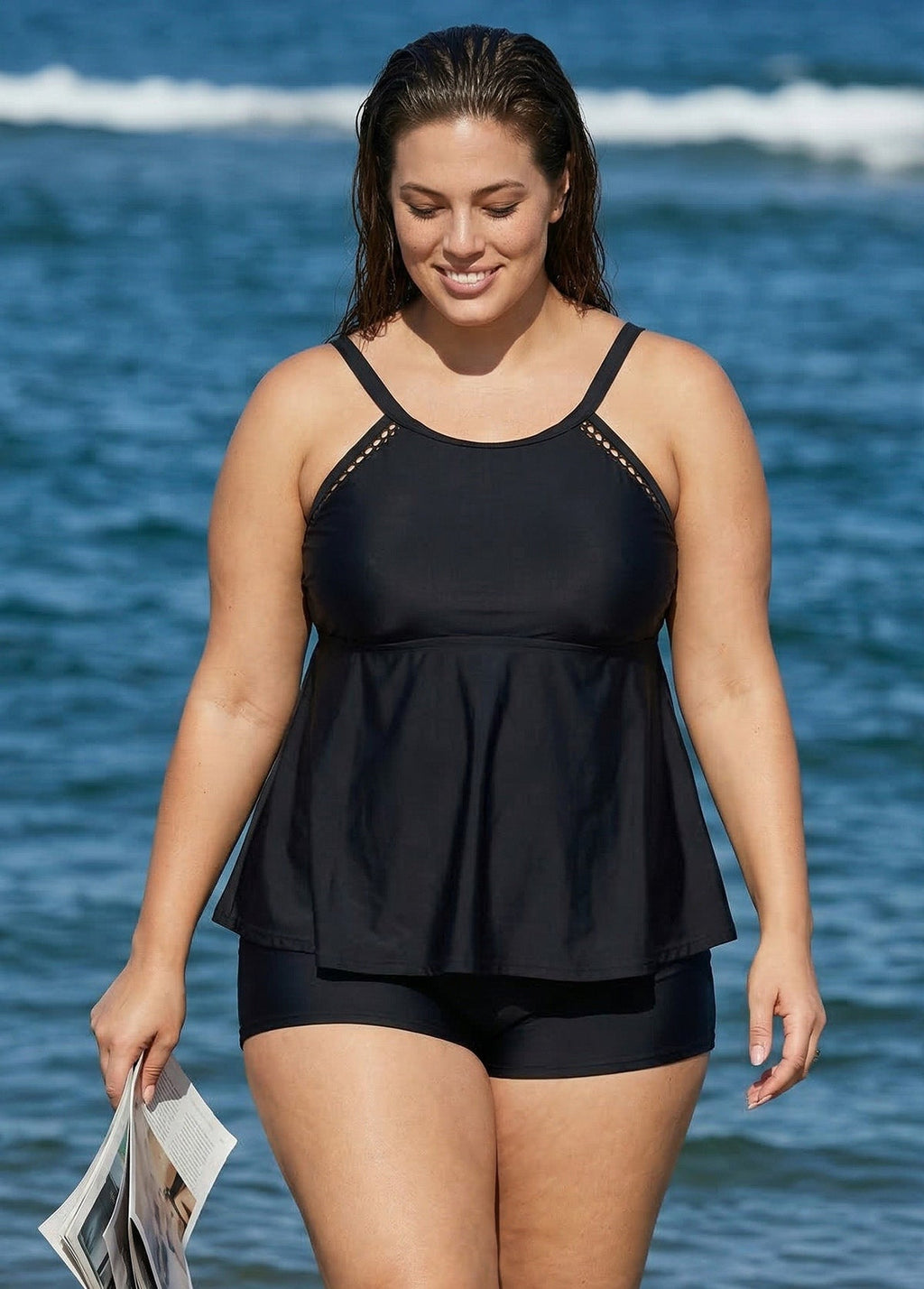 Black Scoop Neck Cutout Edge Plus Size Modest Tankini Swimsuit Top