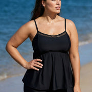 Black Cutout Edge Scoop Neck Plus Size Tankini Top