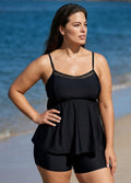Black Cutout Edge Scoop Neck Plus Size Tankini Top