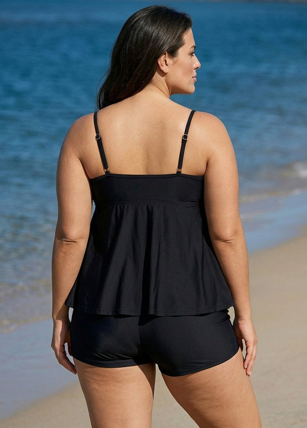 Black Cutout Edge Scoop Neck Plus Size Tankini Top