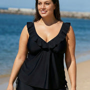 Black V Neck Plus Size Modest Ruffle Drawstring Tankini Swimsuit Top