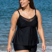 Black V-Neck Chest Mesh Plus Size Modest Fashion Tankini Swimsuit Top