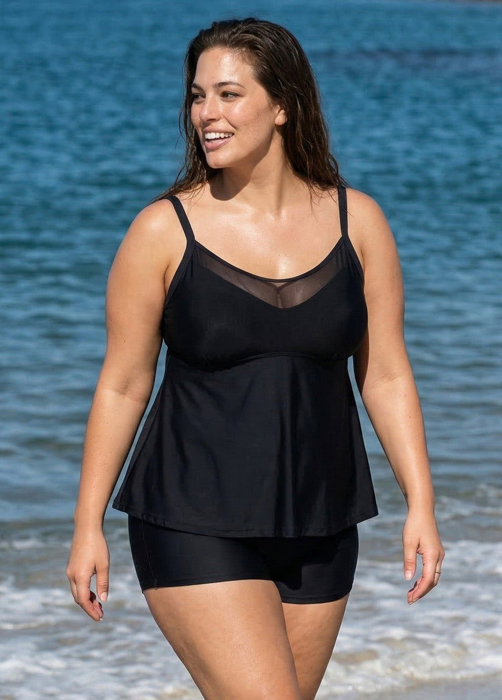 Black V-Neck Chest Mesh Plus Size Modest Fashion Tankini Swimsuit Top
