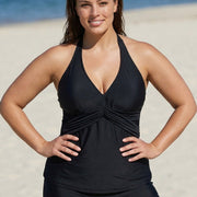 Black V Neck Waist Knot Plus Size Modest Fashion Tankini Swimsuit Top