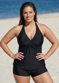 Black V Neck Waist Knot Plus Size Modest Fashion Tankini Swimsuit Top