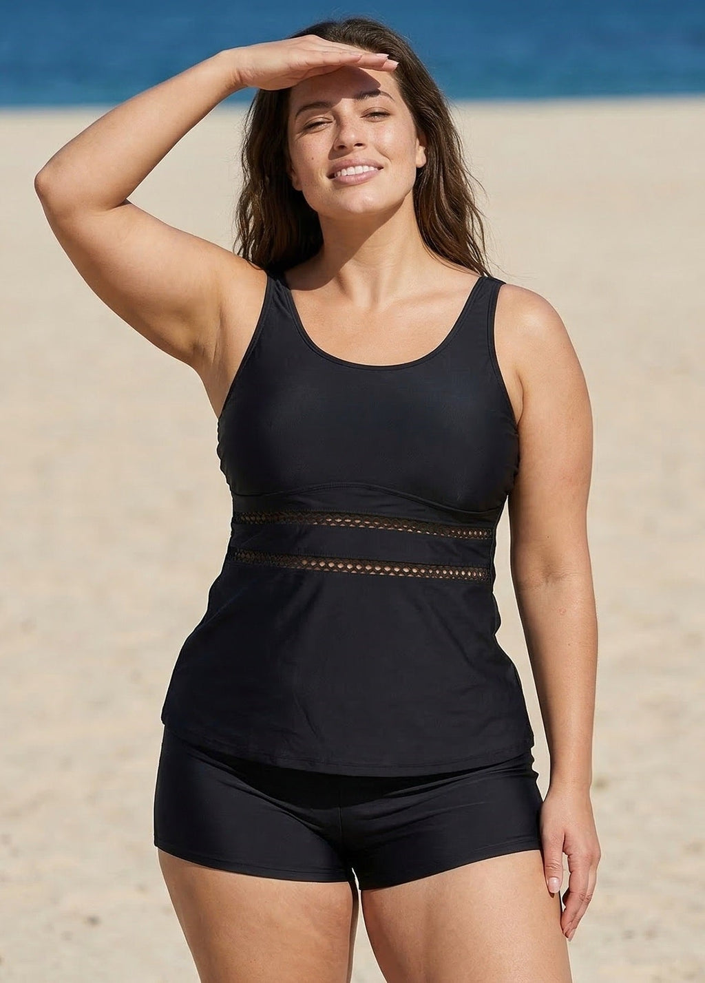 Black Scoop Neck Hollow Plus Size Modest Tankini Swimsuit Top