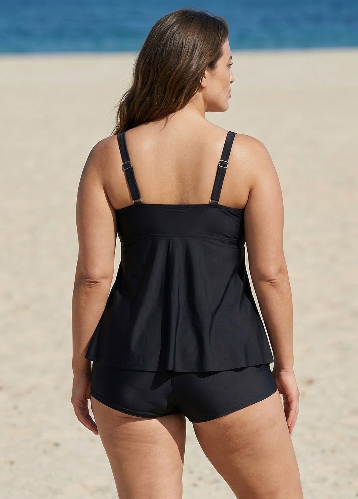 Black Scoop Neck Hollow Plus Size Modest Tankini Swimsuit Top