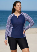 Purple Floral Print High Neck Upf50+ Long Sleeves Zipper Curvy Women's Swimsuit Shirt Tankini Top