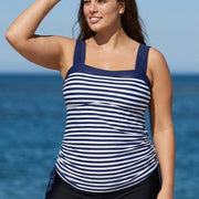 Navy Stripes Wide Straps Side Drawstring Two Piece Bathing Suits Tankini Top