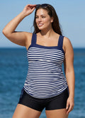 Navy Stripes Wide Straps Side Drawstring Two Piece Bathing Suits Tankini Top
