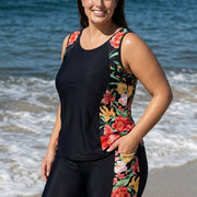 Curvy Black Tropical Floral Scoop Neck Flattering Women's Swimsuit Two Piece Tankini Set