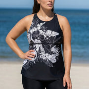 Plus Size Black Tropical Floral Print High Neck Modest Women's Swimsuit Tankini Top
