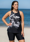 Plus Size Black Tropical Floral Print High Neck Modest Women's Swimsuit Tankini Top